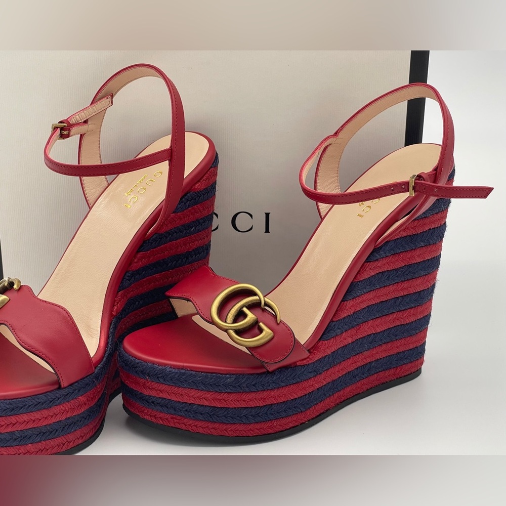 Authentic GUCCI Marmont Double G Leather Espadrille Platform Sandals - Picture 13 of 16